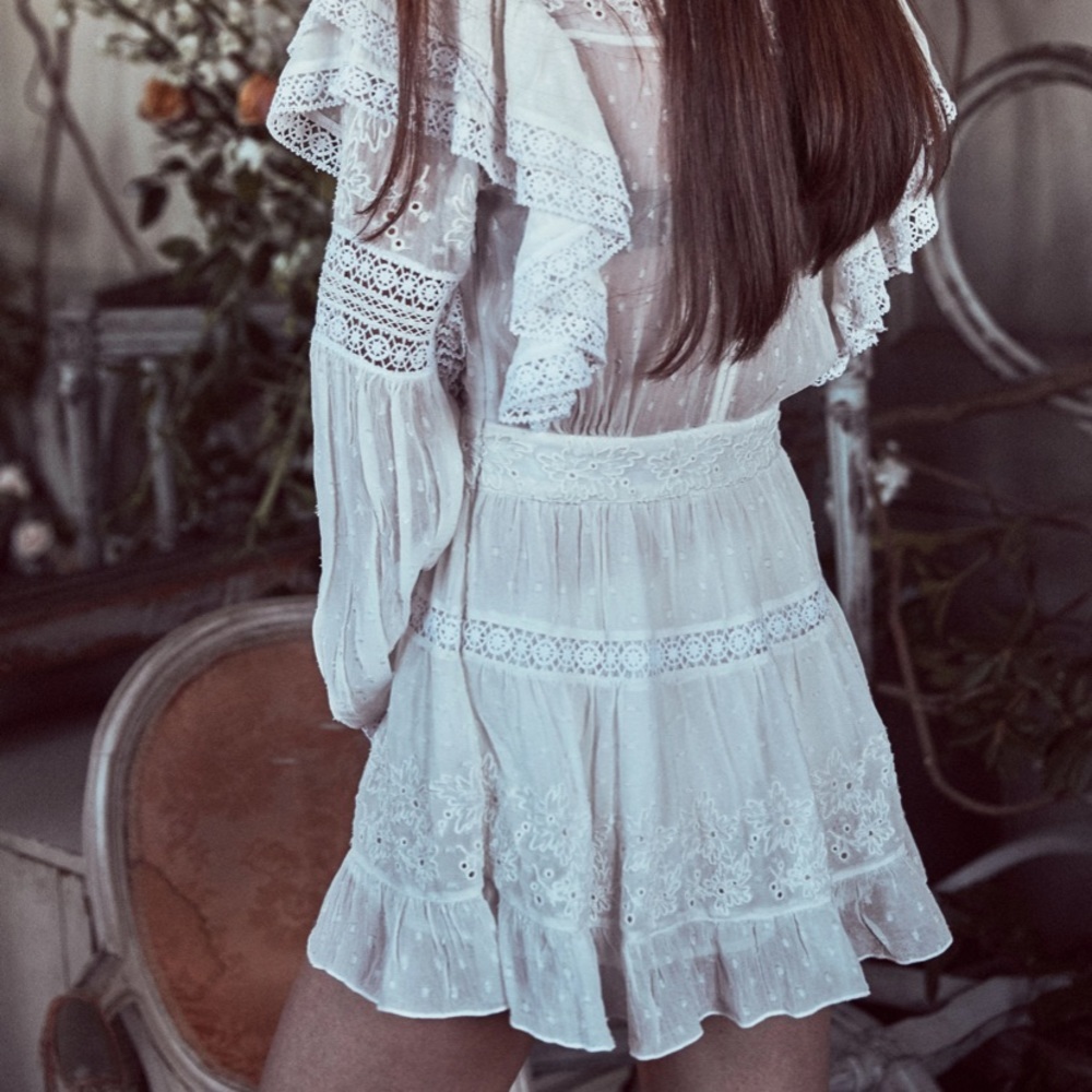 NEW Love Shack Fancy Simonna Floral Ruffle Lace Ivory Cream Boho Mini Dress 10 - Picture 4 of 16